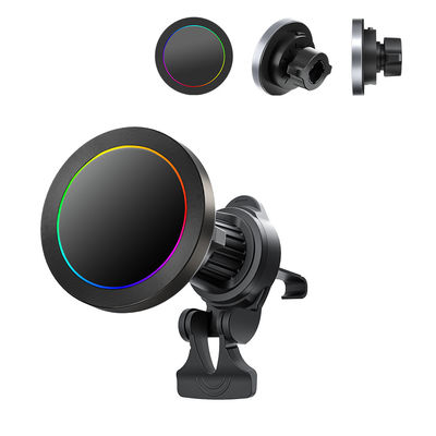 Porta-telefone de carro de liga de alumínio para iPhone 15 Pro Max Carregador com efeito de luz RGB e mínimo ajustável