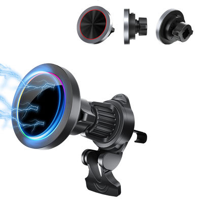 Carregador sem fio de 15w com textura de liga de alumínio para suporte de telefone de carro com função de luz oculta desligada