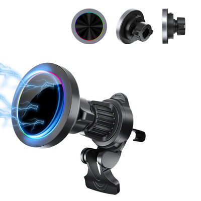 Carregador de carro iPhone com efeito de luz RGB ajustável com carregamento rápido e operação com uma mão para design magnético de diâmetro pequeno