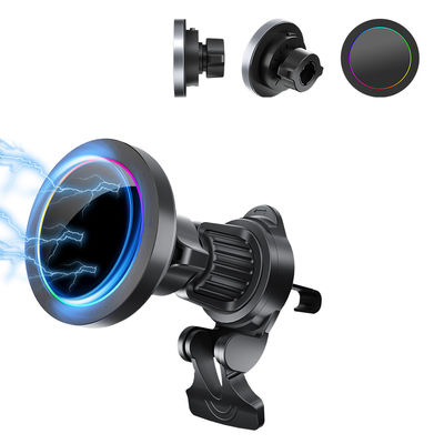Suporte de telefone para carro sem fio com textura de liga de alumínio, efeito de luz RGB e carregamento rápido Magsafe